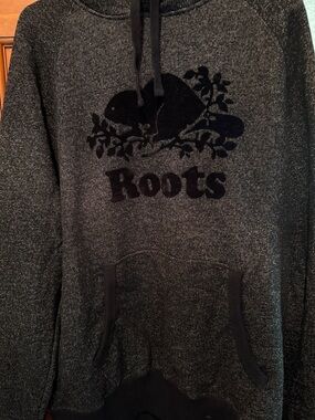Roots Men's Charcoal Gray Hooded Sweatshirt with Black Logo